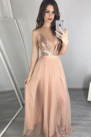 A-line Deep V-neck Floor Length Peach Prom Dress with Pleats Sequins LPD032
