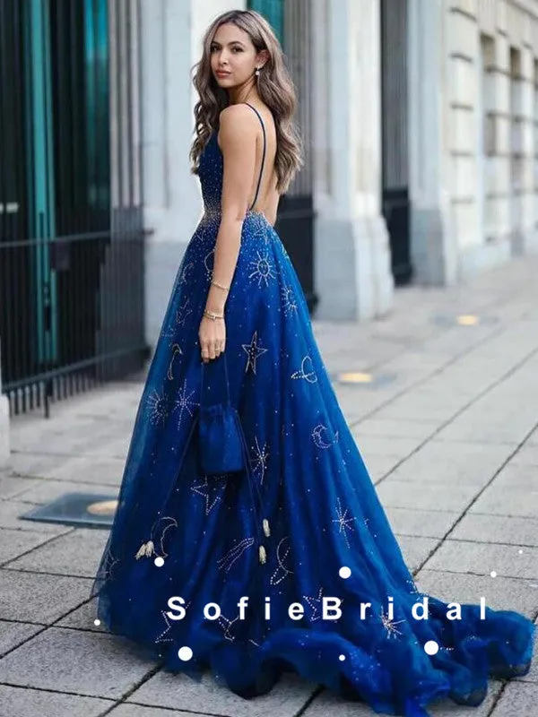 A-Line Deep V-Neck Spaghetti Straps Navy Blue Long Prom Dresses With Beading,SFPD0076