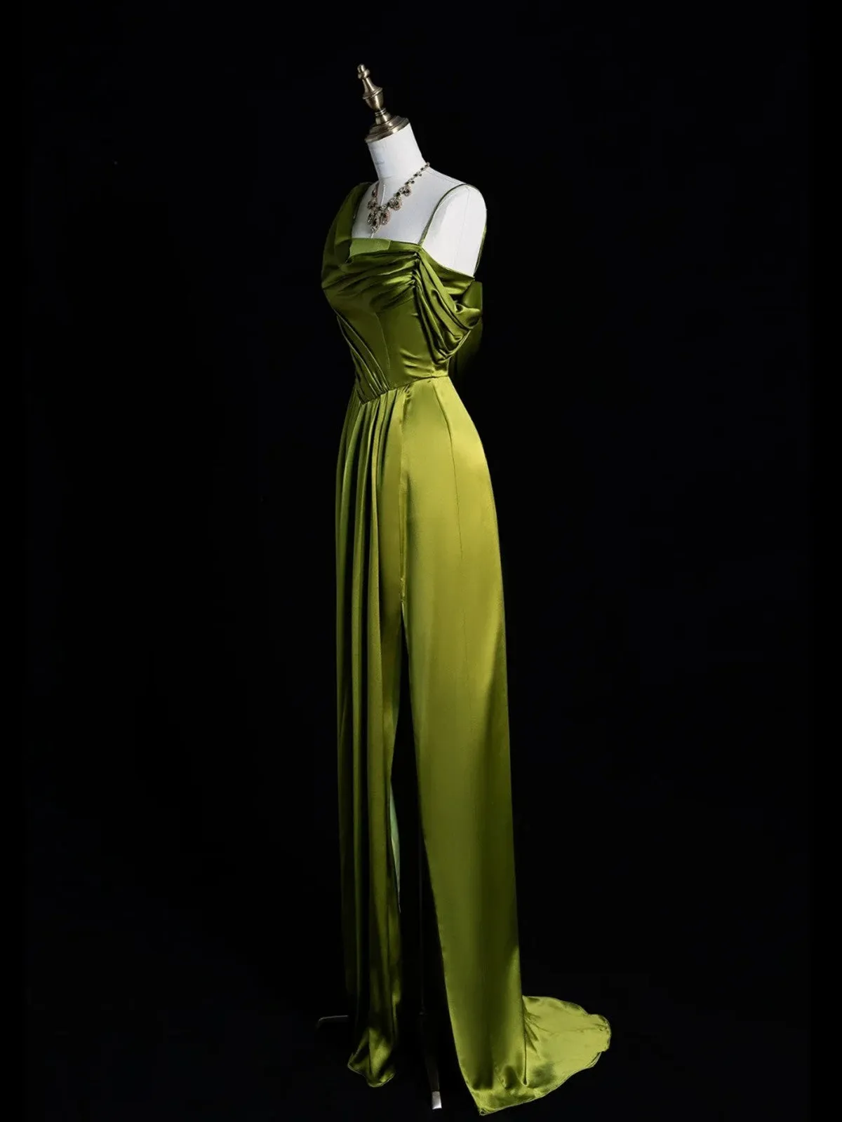 A-line Green Soft Satin One Shoulder Prom Dress, Green Long Party Dress with Leg Slit