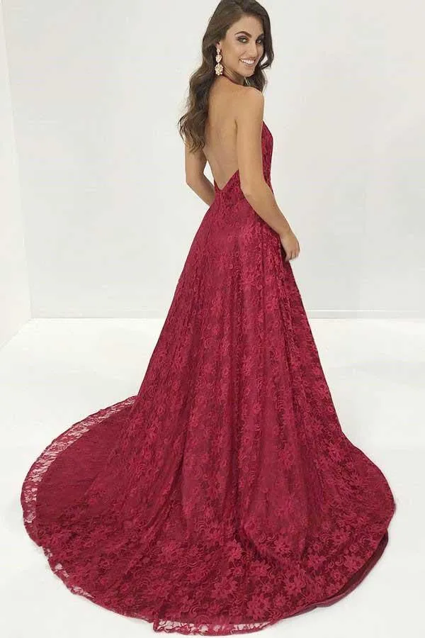 A-Line Halter Sweep Train Red Lace Prom Dress with Split PG611