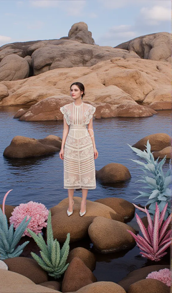 A-line sleeveless lace temperament embroidered court midi dress