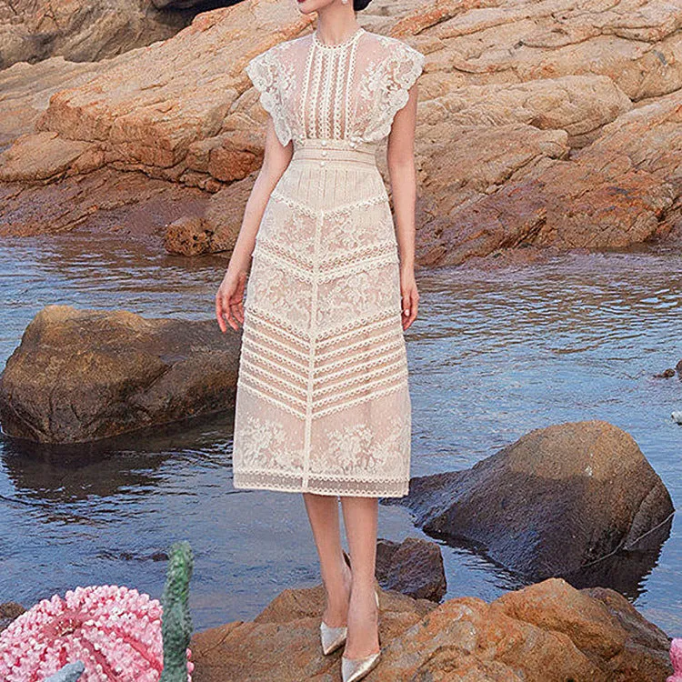 A-line sleeveless lace temperament embroidered court midi dress