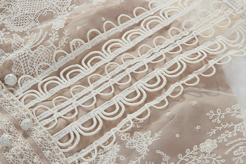 A-line sleeveless lace temperament embroidered court midi dress