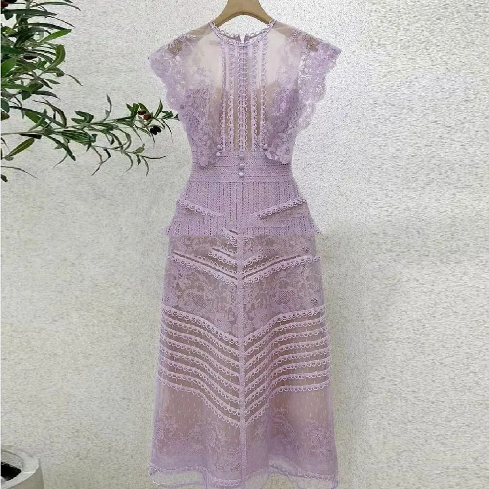 A-line sleeveless lace temperament embroidered court midi dress