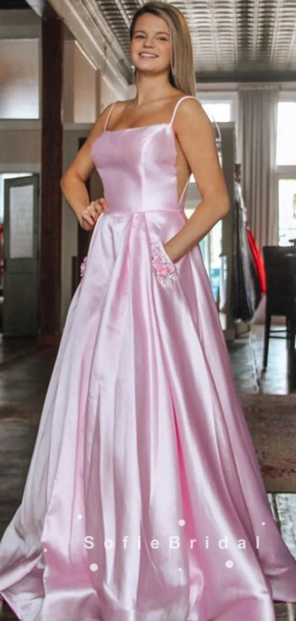 A-Line Spaghetti Straps Pink Cheap Floor Length Prom Dresses Online,SFPD0034