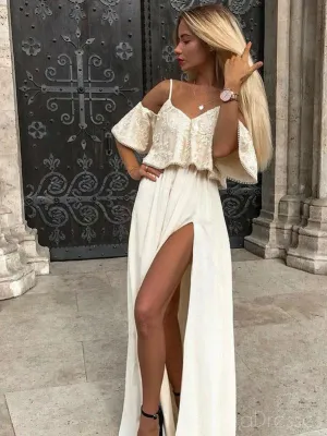 A-line Spaghetti Straps V Neck Long Prom Dresses, Sweet 16 Prom Dresses, 12461