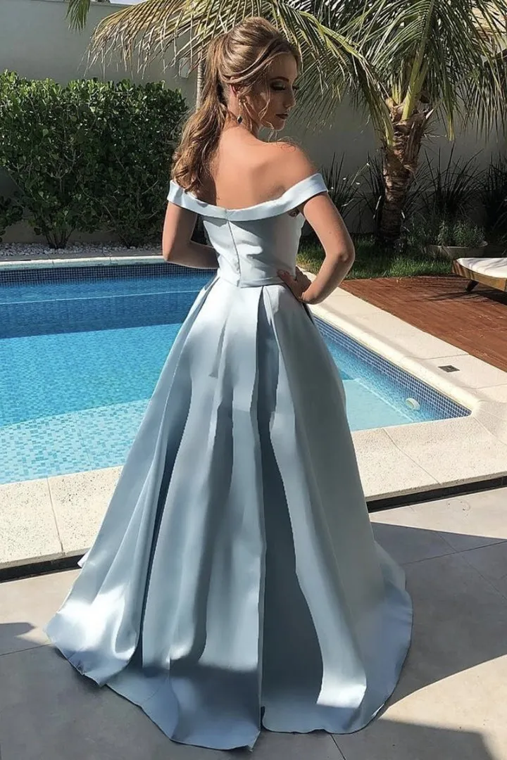 A-Line Stain Off-The-Shoulder Long Prom Dress, Evening Dress CMS211105