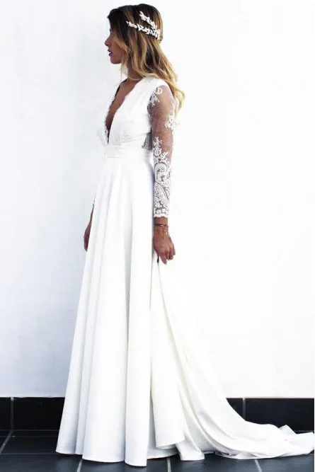A-Line V-Neck Open Back Long Sleeves Wedding Dress with Lace Appliques OKR82