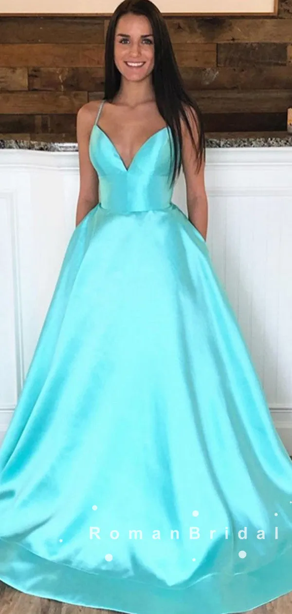 A-Line V-Neck Spaghetti Straps Cheap Long Prom Dresses Online,RBPD0058