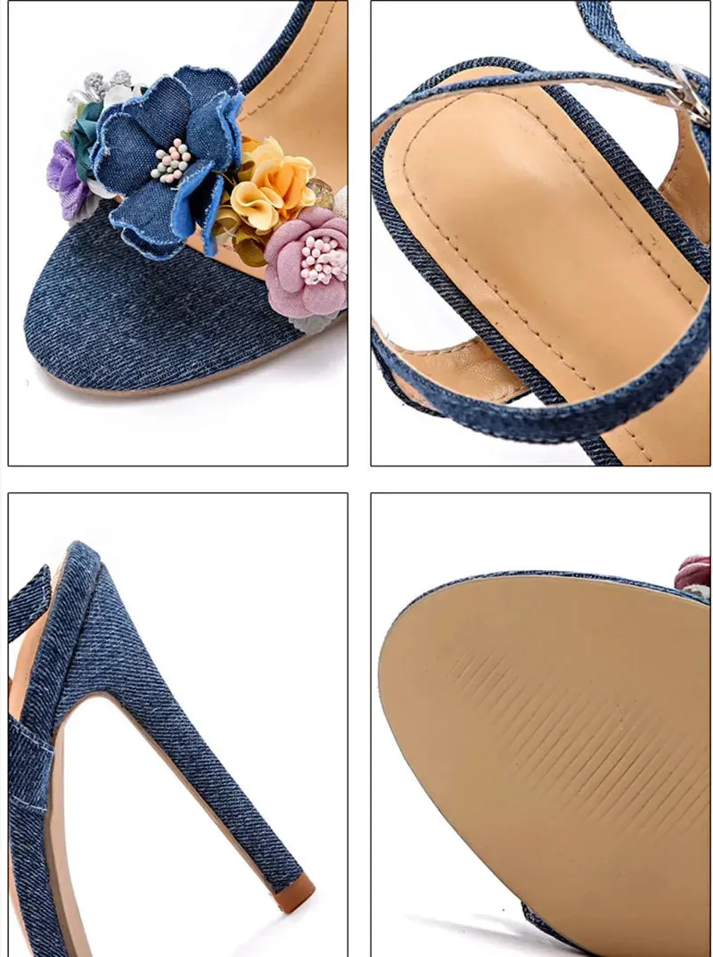 ADVBRIDGE  -  Fashion Denim Blue Designer Women's Heels Luxury Flowers Pearl Decoration Heeled Sandals Women Summer Sexy Thin High Heels Pumps