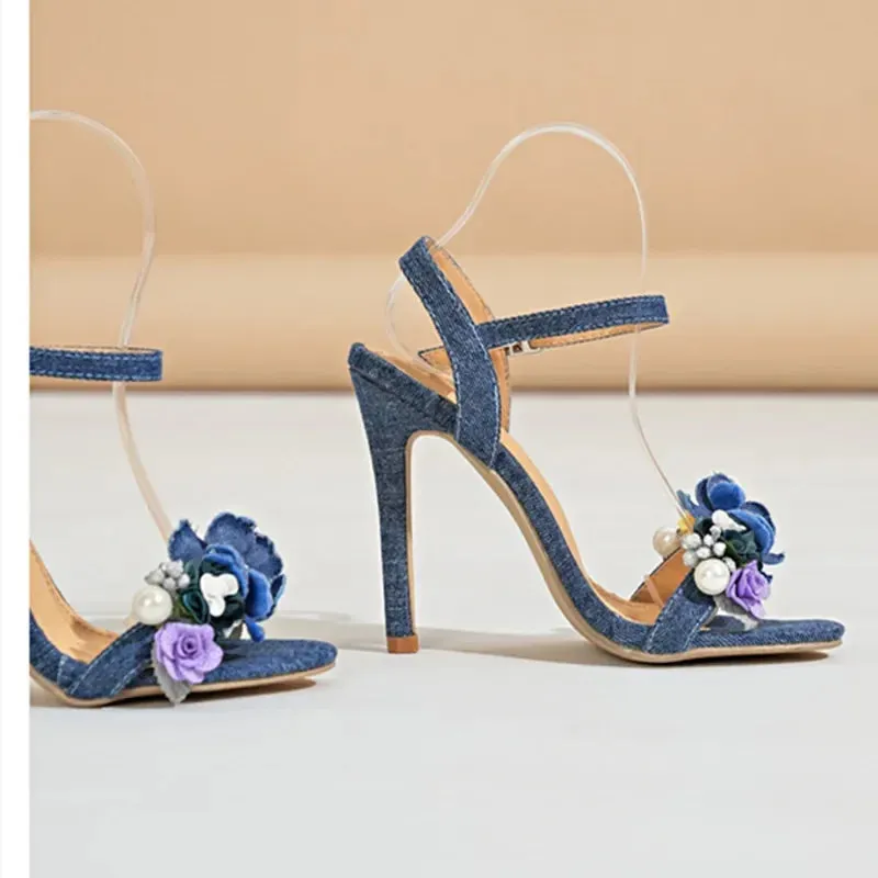 ADVBRIDGE  -  Fashion Denim Blue Designer Women's Heels Luxury Flowers Pearl Decoration Heeled Sandals Women Summer Sexy Thin High Heels Pumps