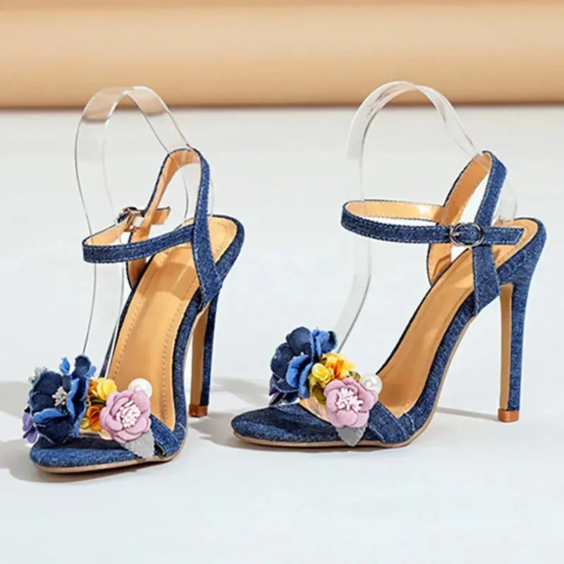 ADVBRIDGE  -  Fashion Denim Blue Designer Women's Heels Luxury Flowers Pearl Decoration Heeled Sandals Women Summer Sexy Thin High Heels Pumps
