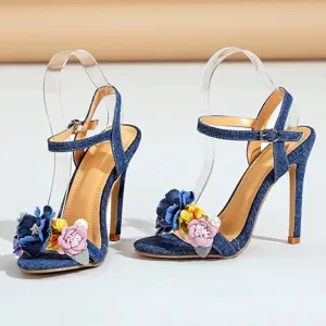 ADVBRIDGE  -  Fashion Denim Blue Designer Women's Heels Luxury Flowers Pearl Decoration Heeled Sandals Women Summer Sexy Thin High Heels Pumps
