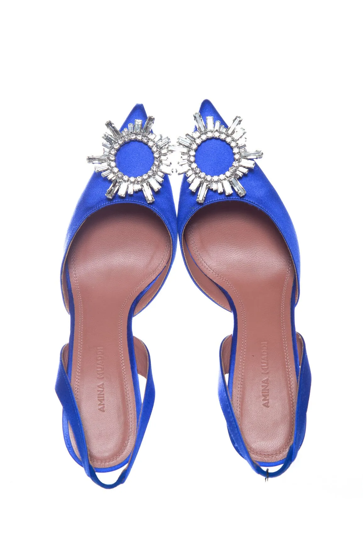 Amina Muaddi Royal Blue Satin and Rhinestone Heels SZ 37.5