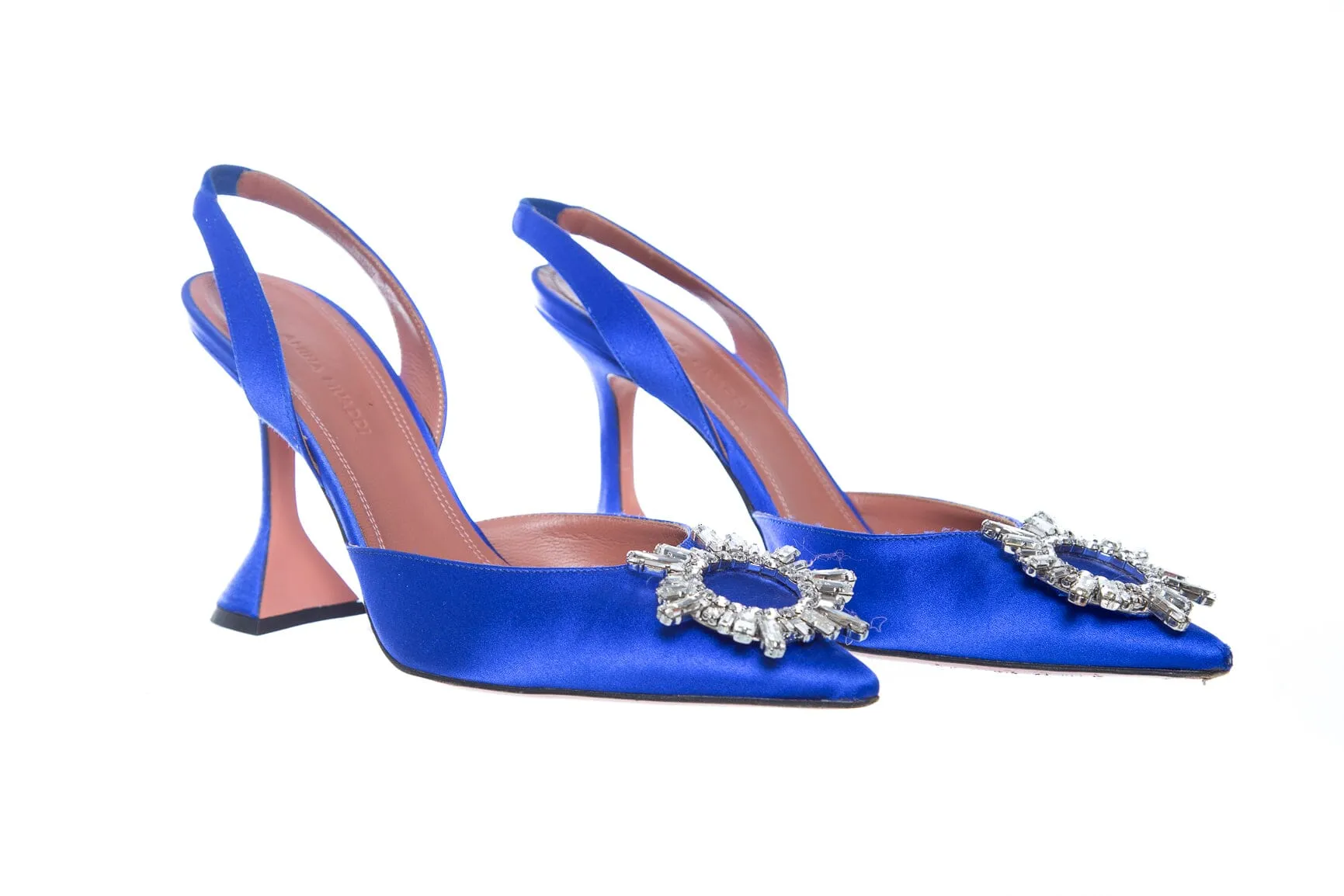 Amina Muaddi Royal Blue Satin and Rhinestone Heels SZ 37.5