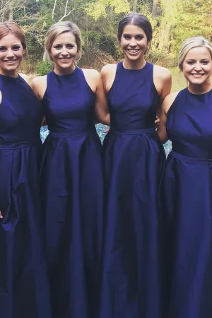 Anneprom A-Line Jewel Floor-Length Navy Blue Sleeveless Satin Bridesmaid Dress APB0004