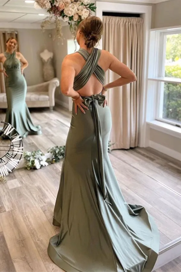 Anneprom Gray Green Satin Mermaid Bridesmaid Dresses With Sweep Train APB0120