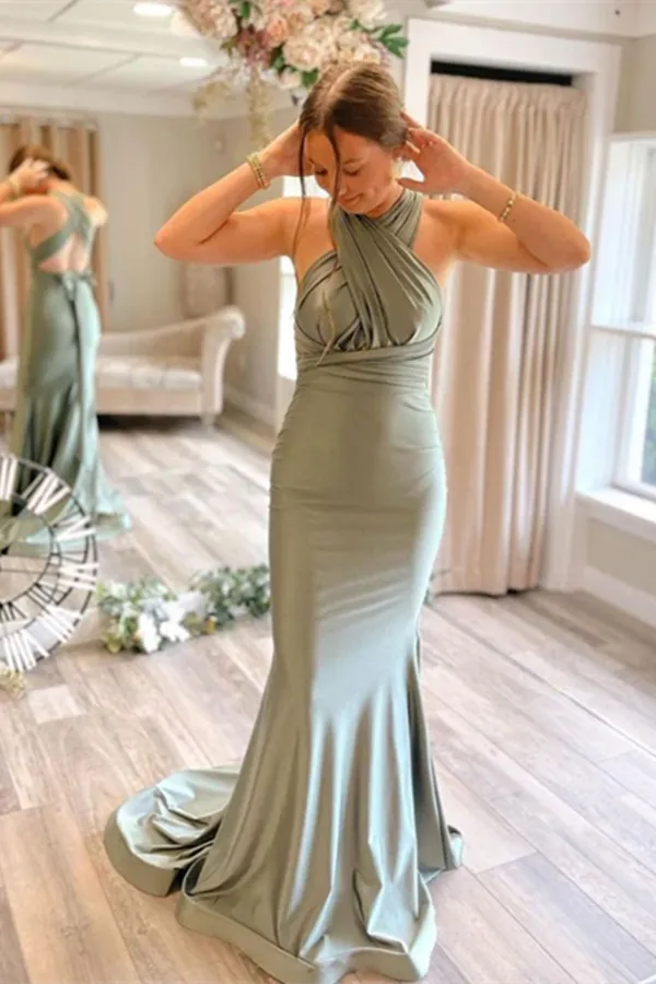 Anneprom Gray Green Satin Mermaid Bridesmaid Dresses With Sweep Train APB0120