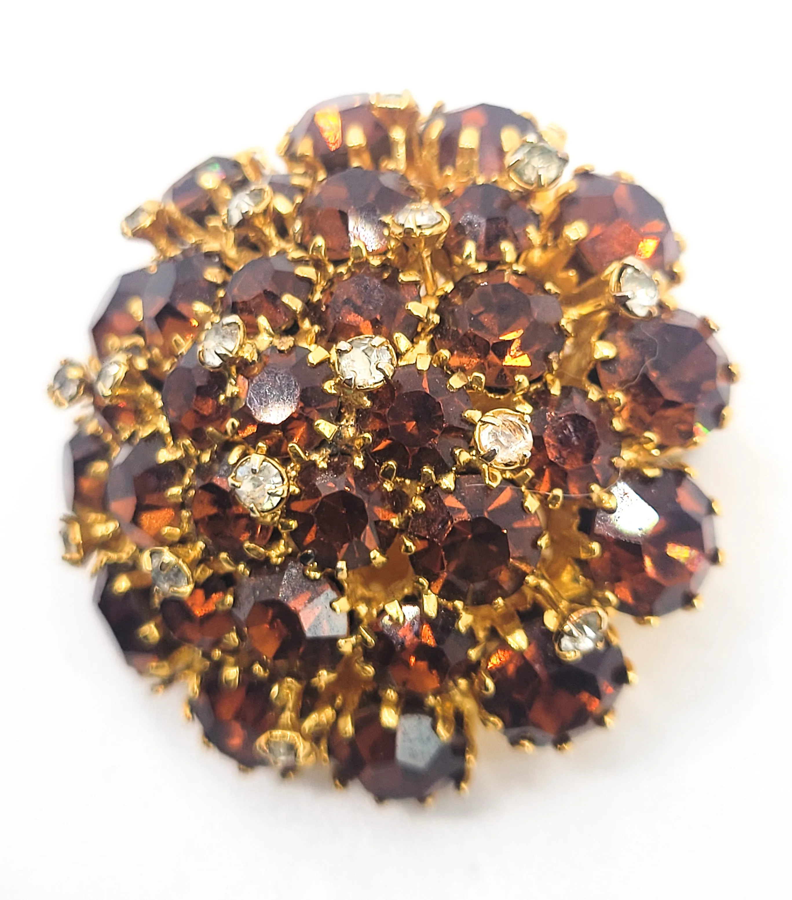 Austria warm topaz brown and white high domed vintage rhinestone brooch