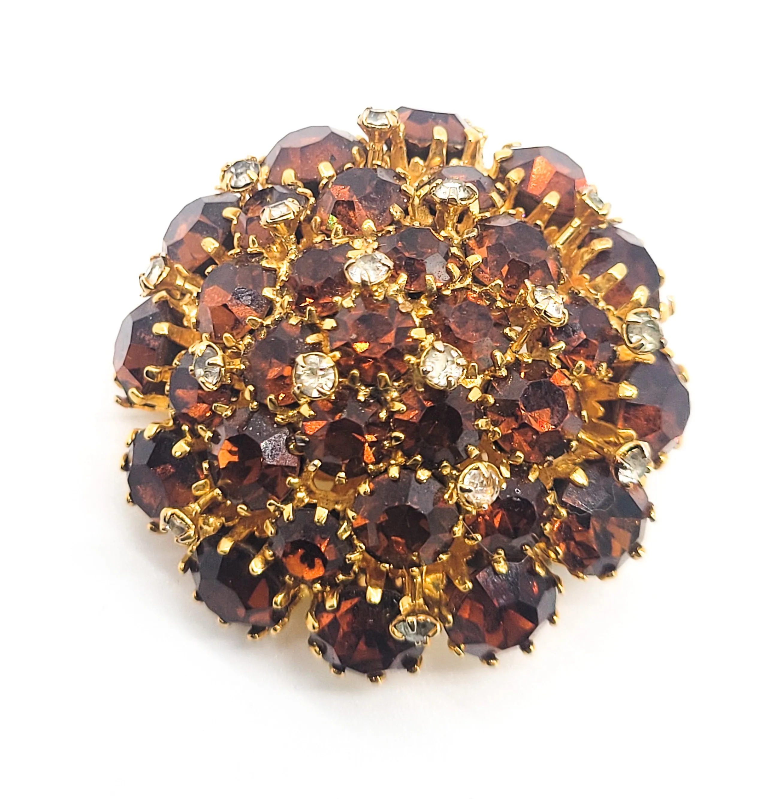 Austria warm topaz brown and white high domed vintage rhinestone brooch