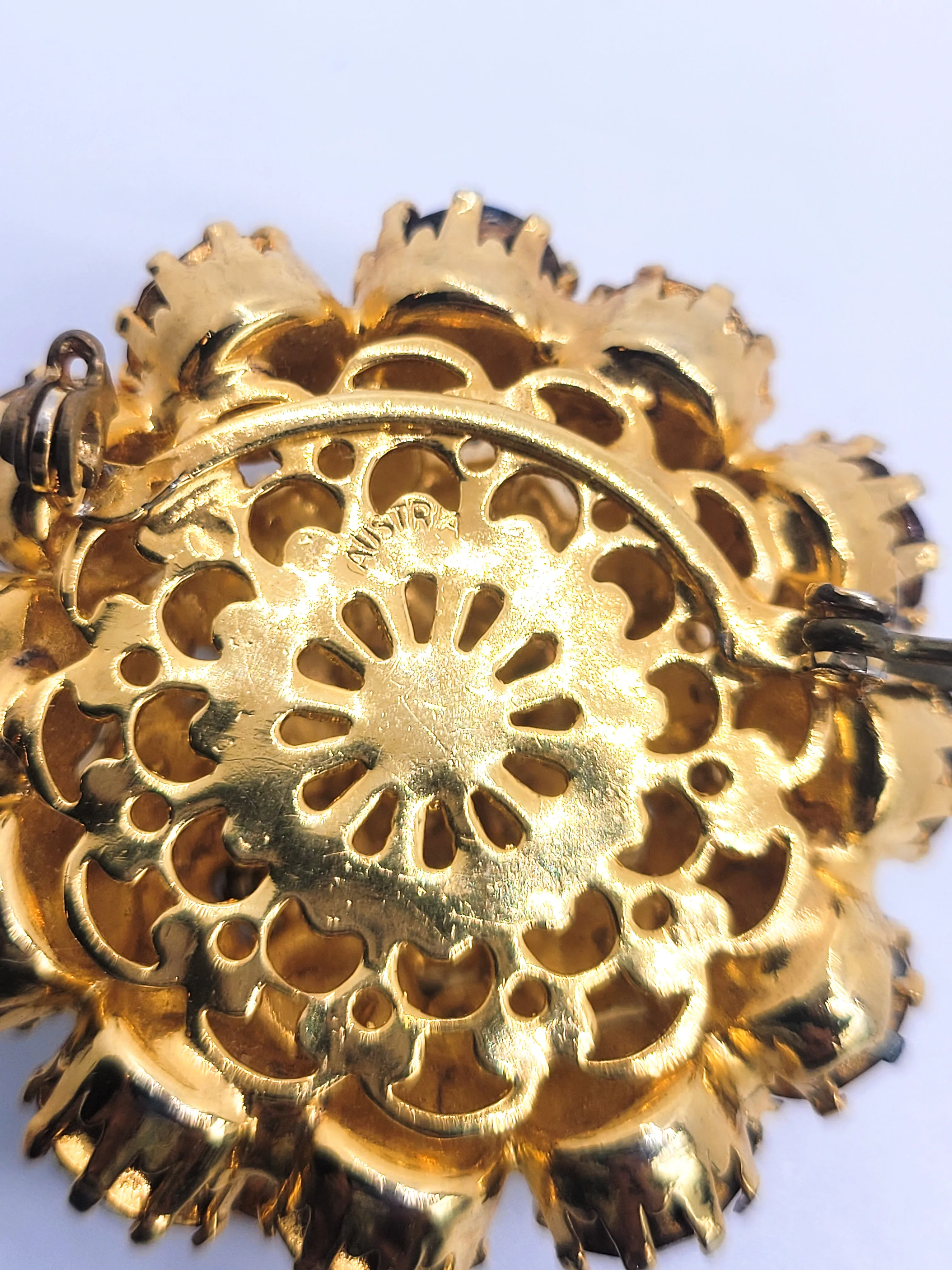 Austria warm topaz brown and white high domed vintage rhinestone brooch
