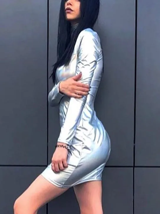 Autumn Women's Fashion High Collar Reflective Long Sleeve Dress