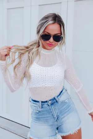 Ava High Cut Rhinestone Mesh Bodysuit - White
