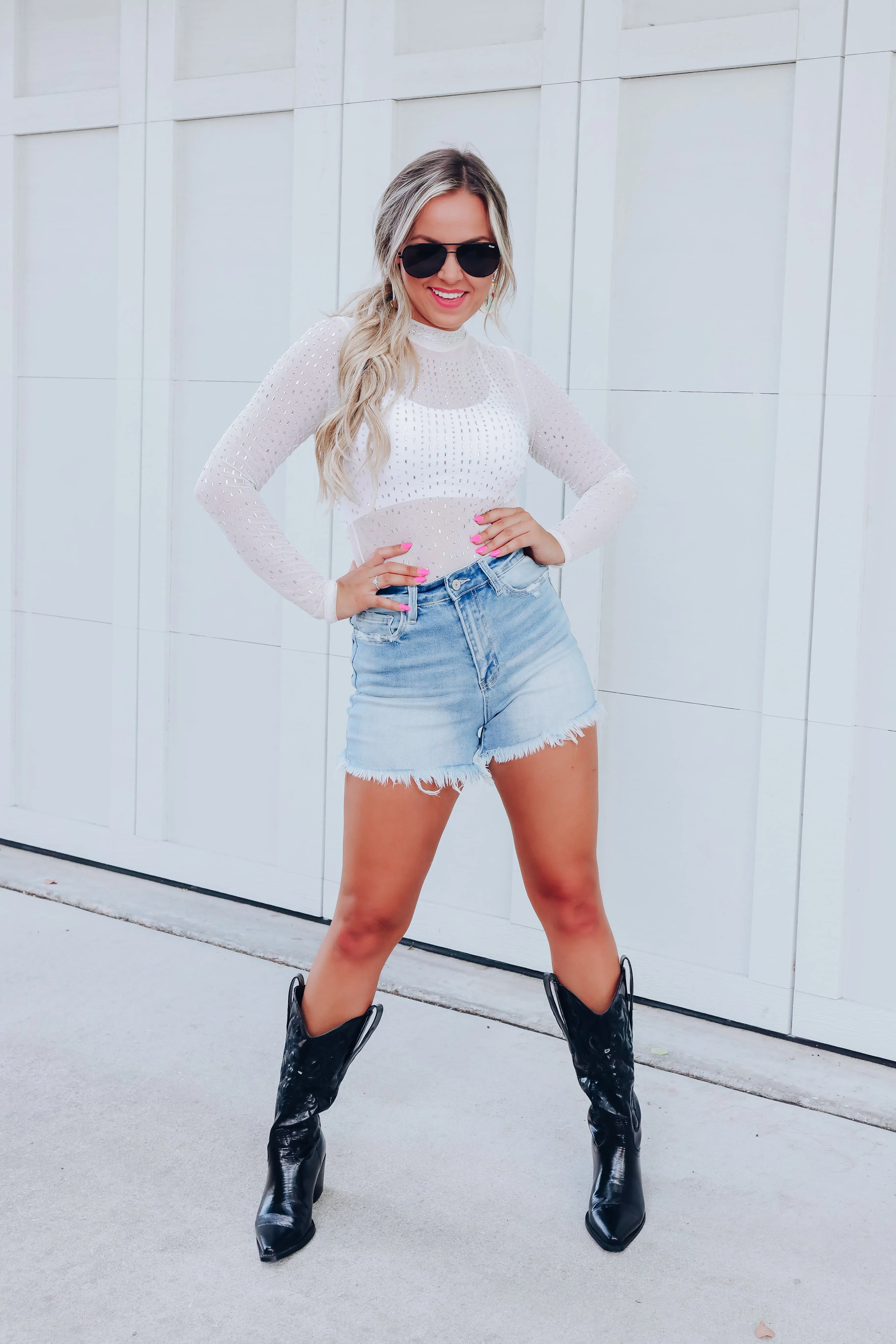 Ava High Cut Rhinestone Mesh Bodysuit - White