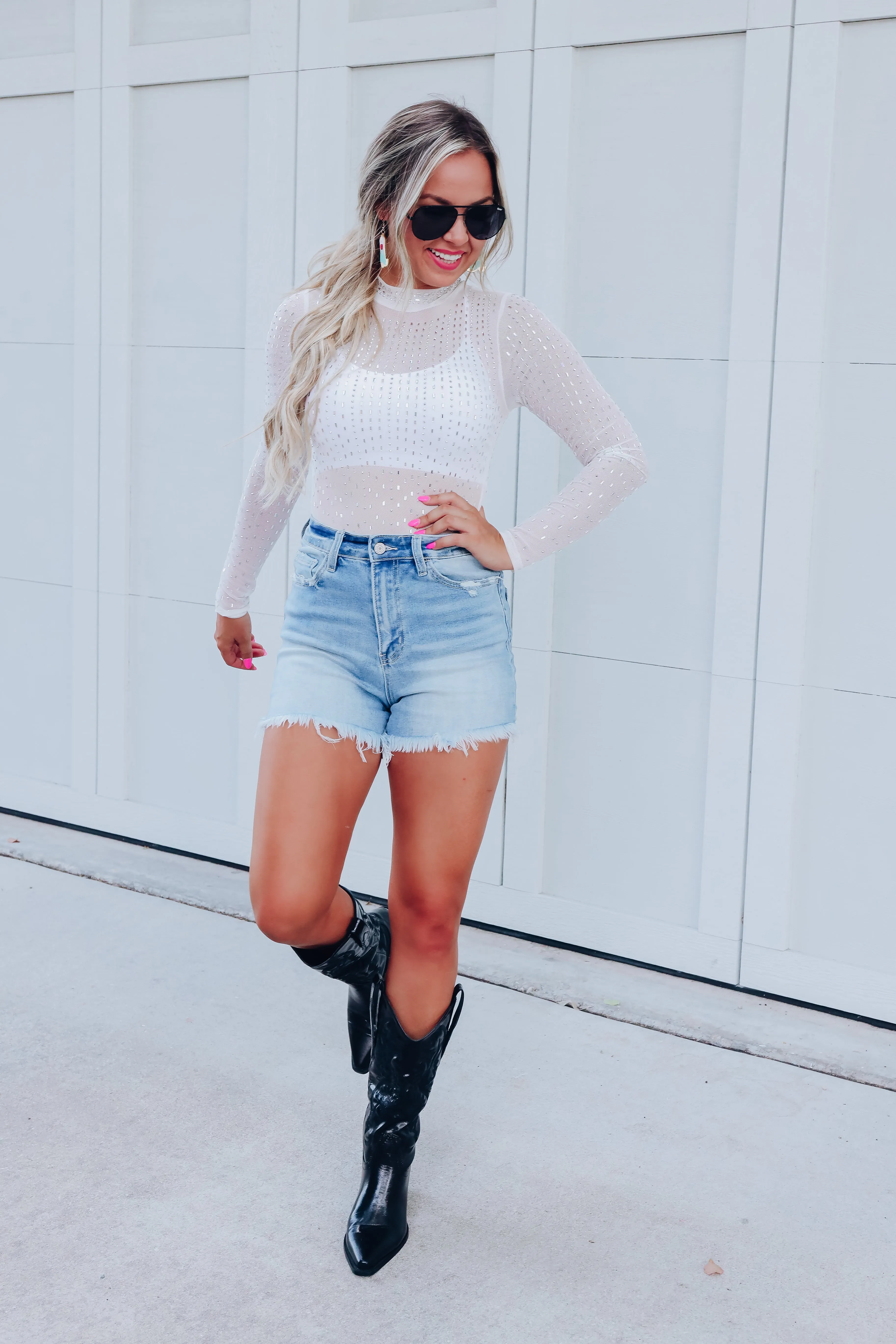 Ava High Cut Rhinestone Mesh Bodysuit - White