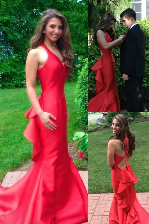 Backless Red Satin Mermaid Prom Dresses Evening Dress