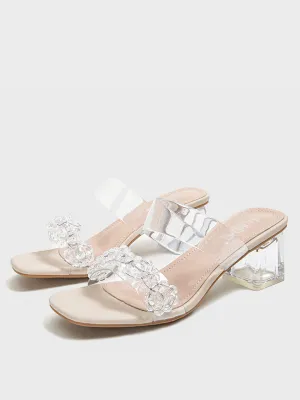 Beaded Clear Block Heeled Sandals