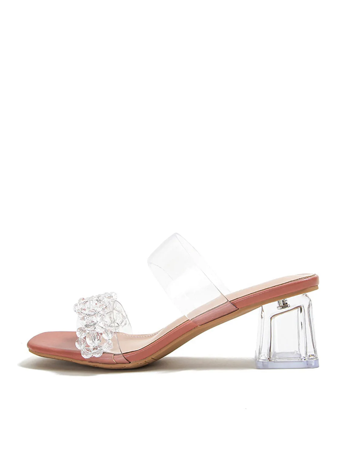 Beaded Clear Block Heeled Sandals