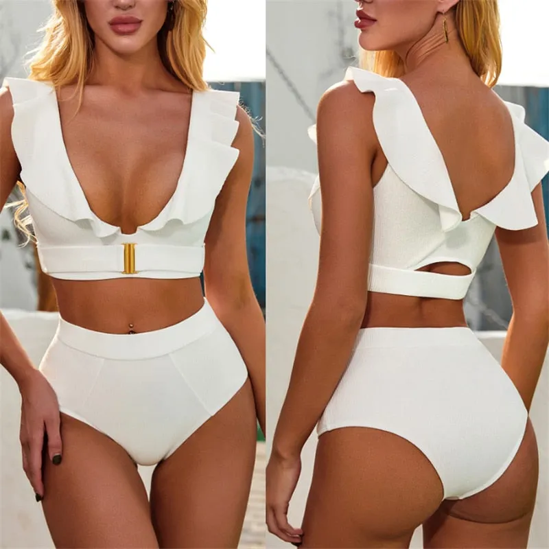 Beautiful Hollow Out High Waist Two Pieces Solid Bikini