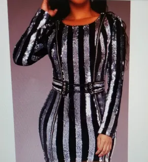 Beautiful Long Sleeve Subliminal Silver Strip Mini Style Dress