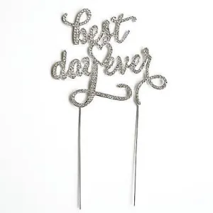 Best Day Ever Script Crystal Rhinestone Wedding Cake Topper Silver Monogram