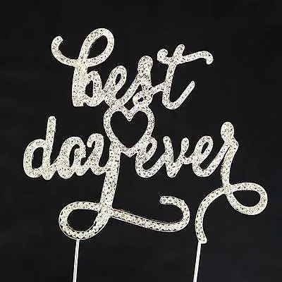 Best Day Ever Script Crystal Rhinestone Wedding Cake Topper Silver Monogram
