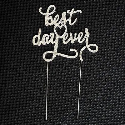 Best Day Ever Script Crystal Rhinestone Wedding Cake Topper Silver Monogram