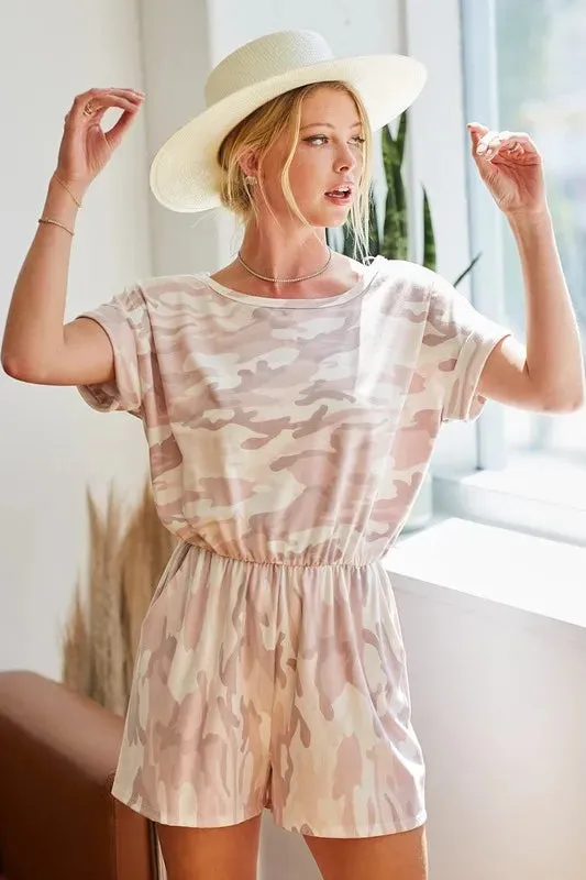 BiBi Camo Print French Terry Romper with Side Pockets