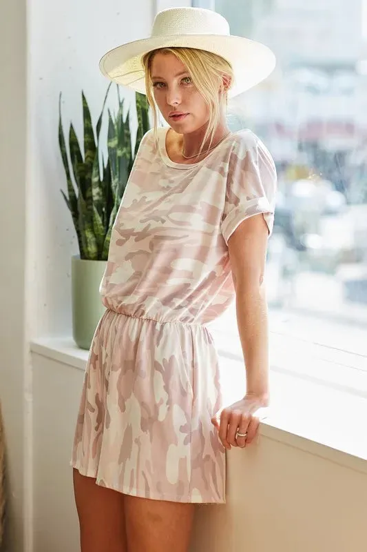 BiBi Camo Print French Terry Romper with Side Pockets