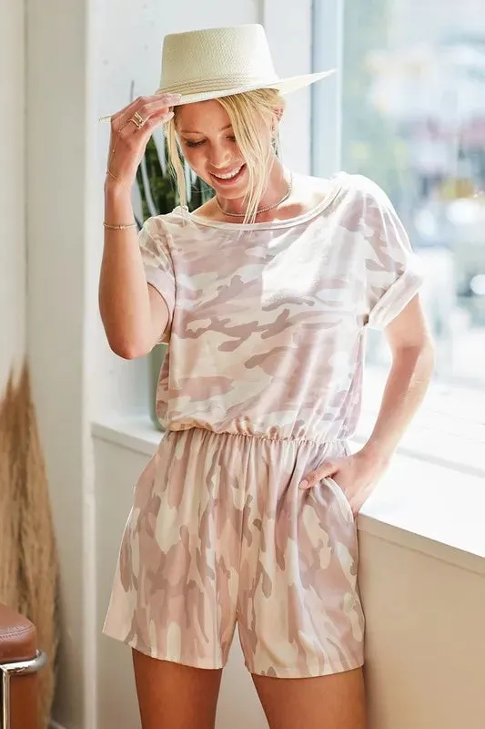 BiBi Camo Print French Terry Romper with Side Pockets