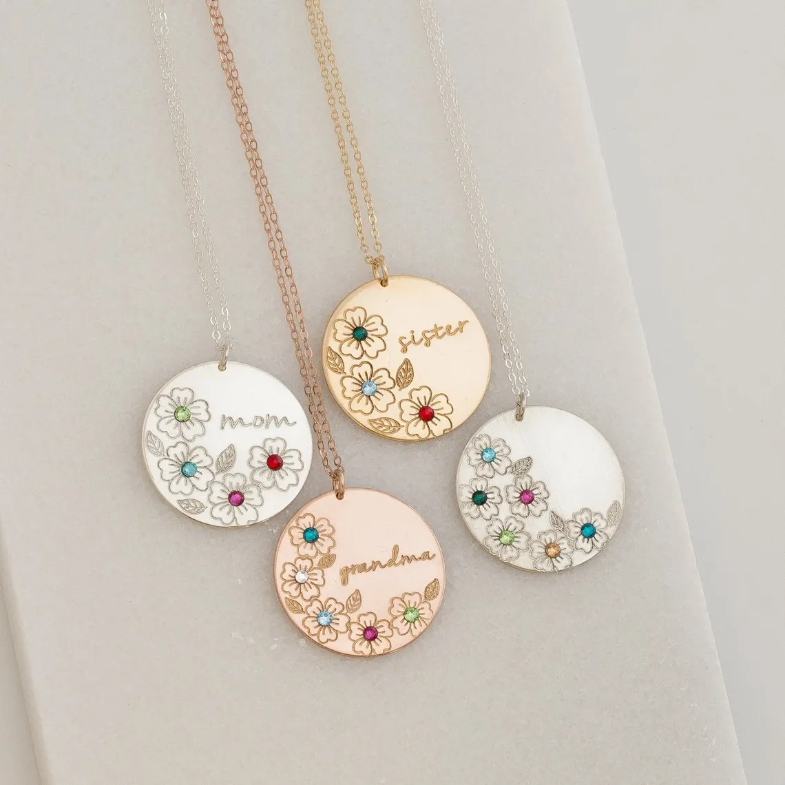 Birth Flower Necklace, 1" Disc Pendant
