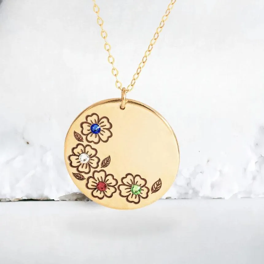 Birth Flower Necklace, 1" Disc Pendant