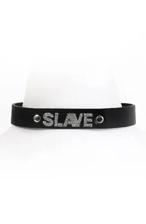 Black faux leather choker collar - SLAVE