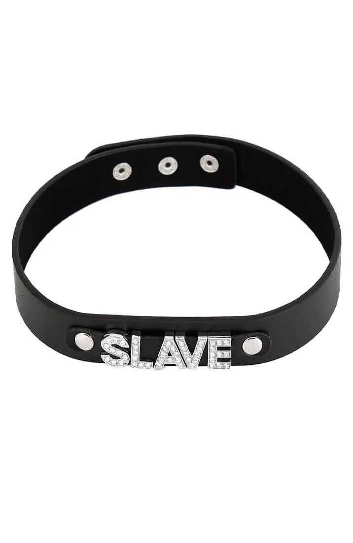 Black faux leather choker collar - SLAVE