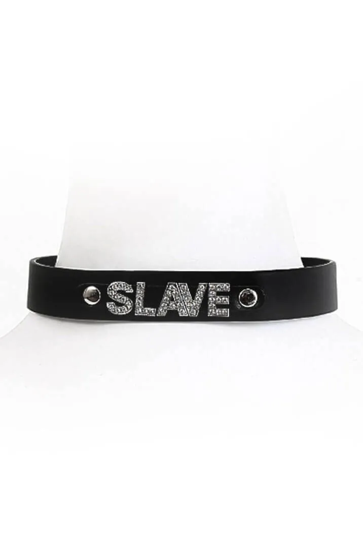 Black faux leather choker collar - SLAVE
