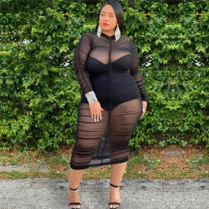 Black Low Cut Bodysuit & Ruched Sheer Midi Dress Set