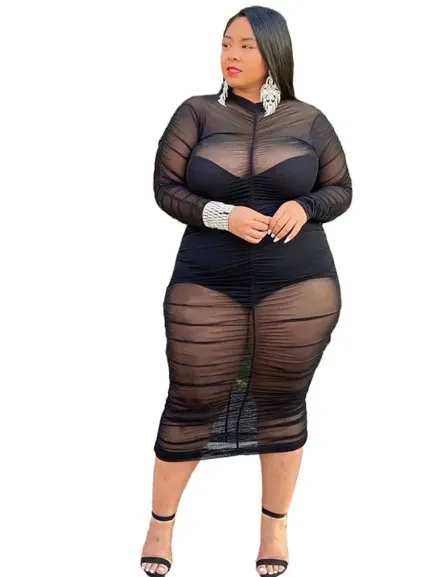 Black Low Cut Bodysuit & Ruched Sheer Midi Dress Set