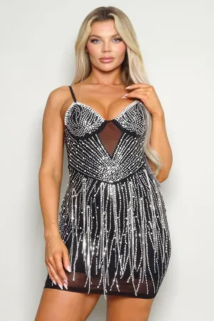 Black Night Out Spaghetti Strap Rhinestone Party Mini Dress