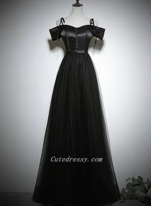 Black Off Shouldr A-line Satin with Tulle Prom Dress, Black Evening Dresses