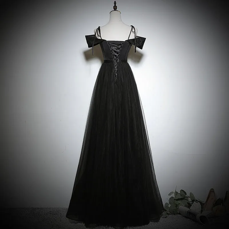 Black Off Shouldr A-line Satin with Tulle Prom Dress, Black Evening Dresses